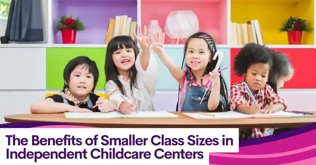 A caring teacher helping a small group of preschool children with a craft project in an independent childcare center.